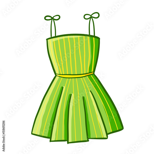 Funny and cool green dress with yellow vertical small stripes - vector.