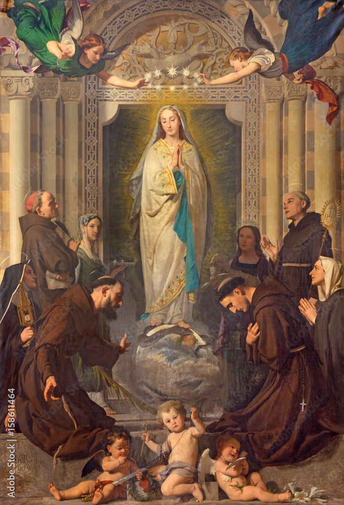TURIN, ITALY - MARCH 13, 2017: The Painting of Immaculate Conception of Virgin Mary among the saints (St. Bernardin, Bonaventure, Agnes, Lucy) by Enrico Reffo (1831 - 1917).