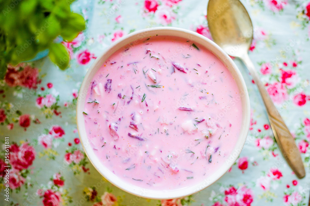Cold Beet Soup, Traditional Belarusian, Latvian, Lithuanian, Polish, Russian and Ukrainian Soup made with Chard or Beetroot, Cucumber, Radishes, Eggs, Sour Cream, Soured Milk or Yogurt