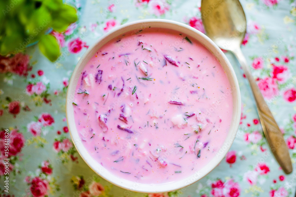 Cold Borscht for Hot Summer Days, Vegetable Cold Soup with Beetroots Cold Borscht for Hot Summer Days, Vegetable Cold Soup with Beetroots
