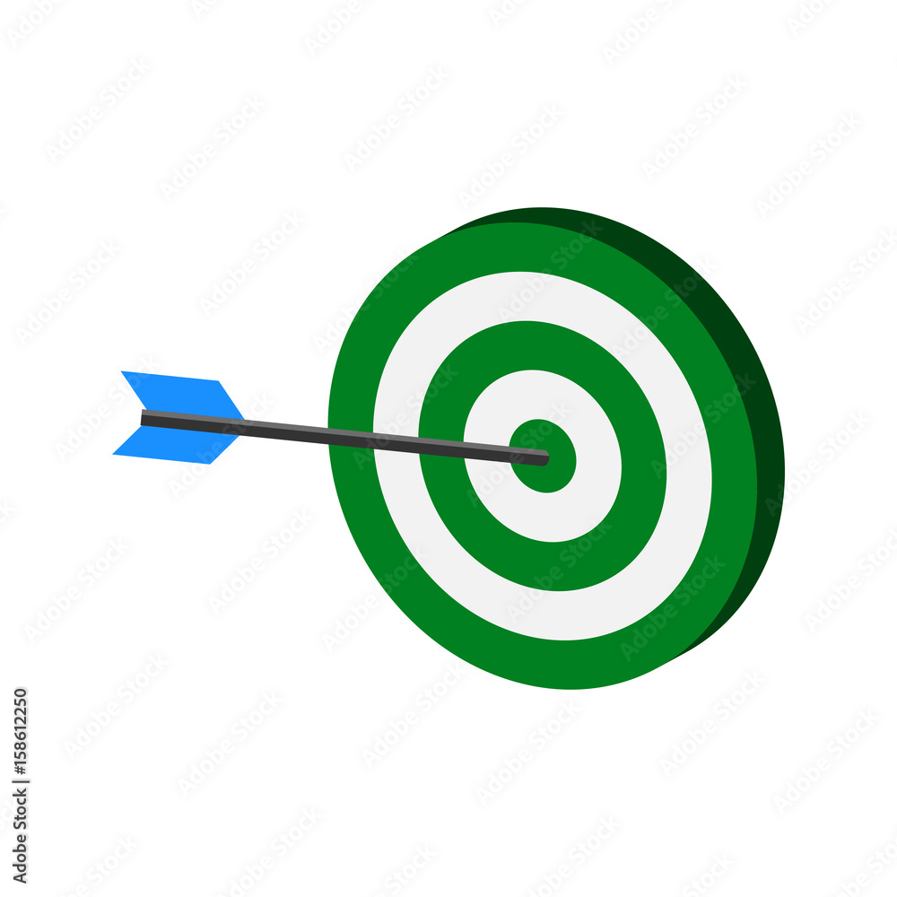 Arrow hitting target symbol. Flat Isometric Icon or Logo. 3D Style Pictogram for Web Design, UI, Mobile App, Infographic.