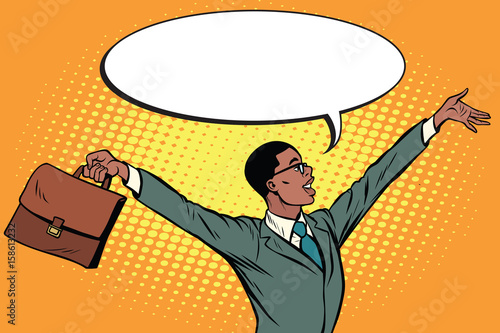 Pop art retro businessman with briefcase hands up