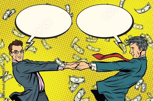 Two businessmen happily dancing in a whirlwind of money