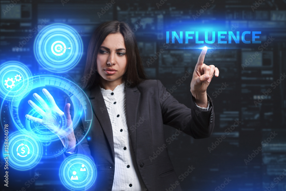 The concept of business, technology, the Internet and the network. A young entrepreneur working on a virtual screen of the future and sees the inscription: Influence The concept of business, technology, the Internet and the network. A young entrepreneur working on a virtual screen of the future and sees the inscription: Influence
