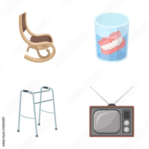 Denture, rocking chair, walker, old TV.Old age set collection icons in cartoon style vector symbol stock illustration web.