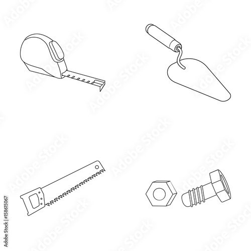 Measuring tape, bolt with nut, trowel, wood hacksaw. Build and repair set collection icons in outline style vector symbol stock illustration web.