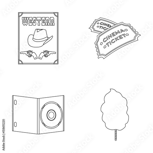 Western cinema, tickets, sweet cotton wool, film on DVD.Filmy and cinema set collection icons in outline style vector symbol stock illustration web.