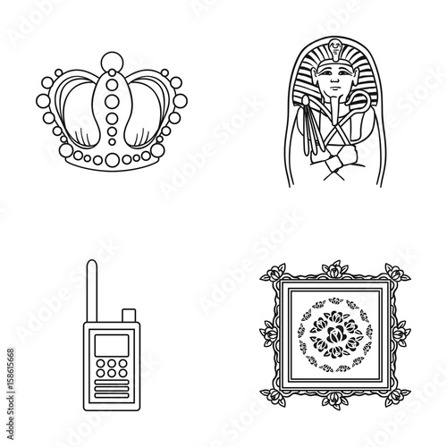 Crown, sarcophagus of the pharaoh, walkie-talkie, picture in the frame.Museum set collection icons in outline style vector symbol stock illustration web.