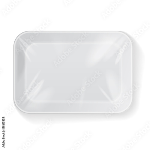 White Rectangle Blank Styrofoam Plastic Food Tray Container. Vector Mock Up Template