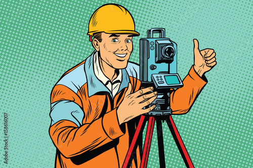 Builder surveyor with a theodolite optical instrument for measur