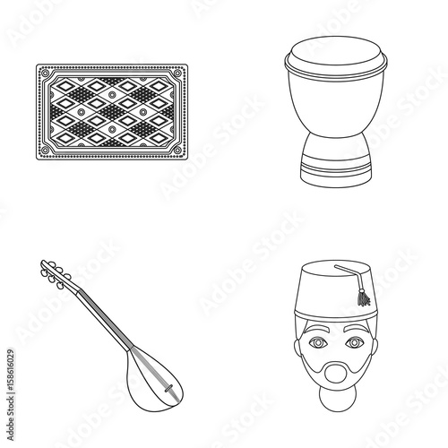 Turkish carpet, saz, drum, turkish men.Turkey set collection icons in outline style vector symbol stock illustration web.