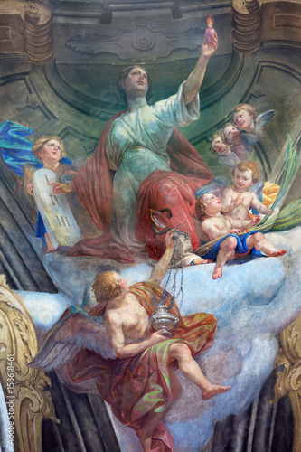 TURIN, ITALY - MARCH 13, 2017: The fresco of cardinal virtues of Love in cupola of Chiesa della Visitazione by Michele Antonio Milocco  (1690 - 1772).