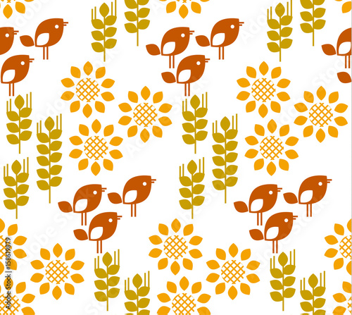 Vector seamless pattern with sunflower floral, birds and wheat, ears, grains. Natural concept modern repeatable motif for surface design.