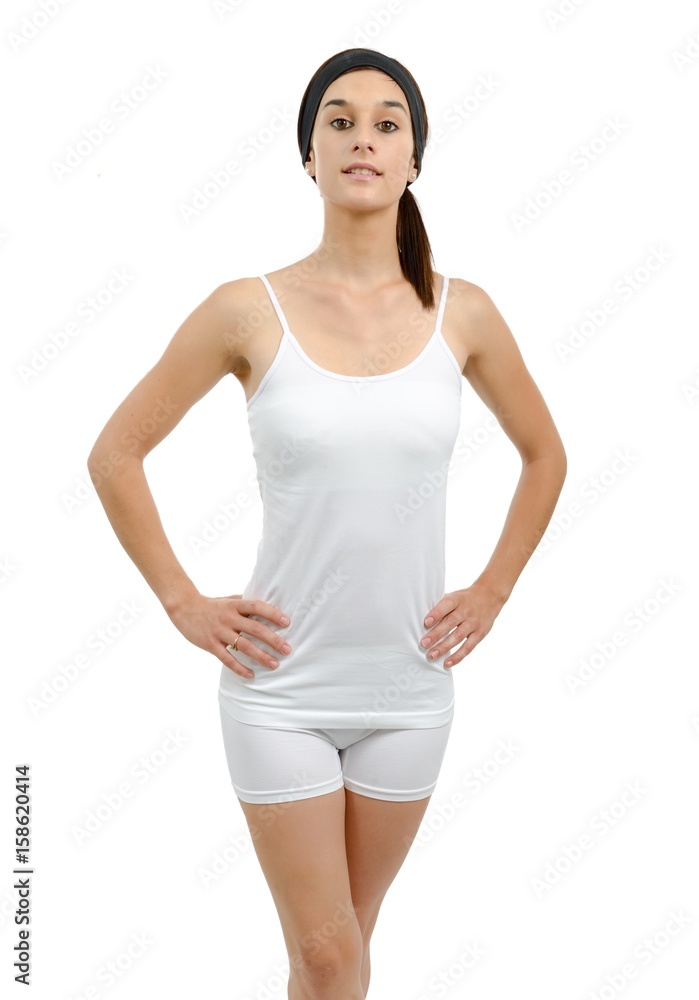 a beautiful young woman in white underwear, on white a beautiful young woman in white underwear, on white