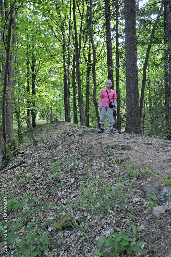 eine frau steht auf resten des keltischen ringwalls am donnersberg eine frau steht auf resten des keltischen ringwalls am donnersberg