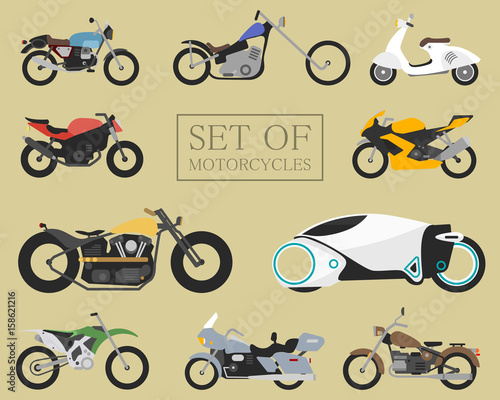 Set of motorcycle icons. retro and modern flat bikes. racing and street motorbikes. scooter on white.