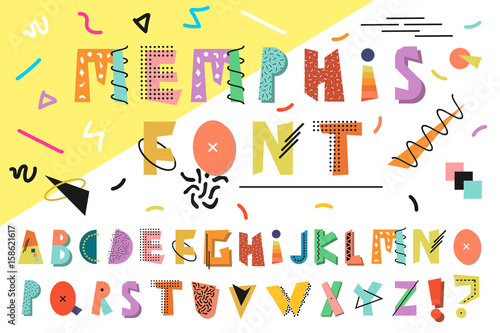 Memphis alphabet. Colorful funny font. Fashion 80s-90.