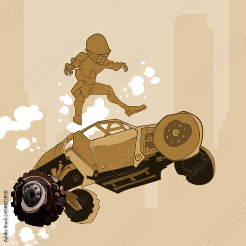 cartoon man flies out of car SUV jump