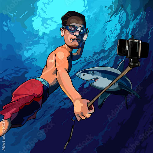 cartoon man under the water taking pictures of himself with a shark