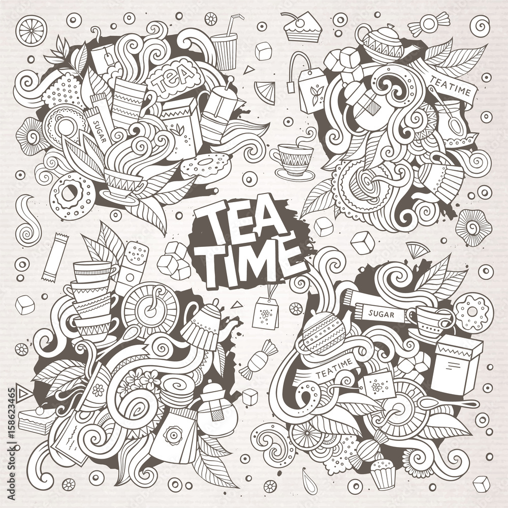 Fototapeta premium Tea time doodles hand drawn sketchy vector doodle designs