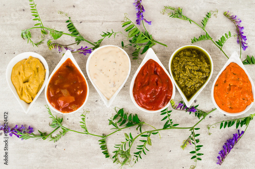 Top view on a set of sauces on a light gray stone background with a fresh herbs of mouse peas.