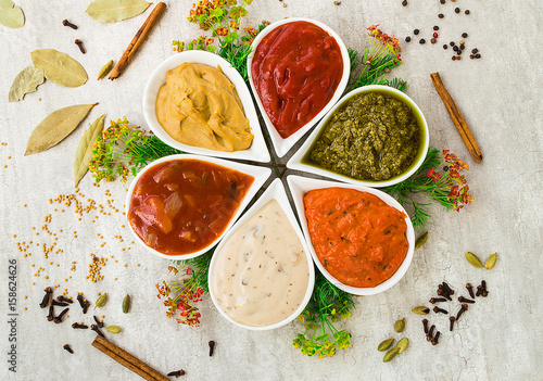 Tasty fresh sauces in a form of flower with spices on a light gray stone background. Cooking from natural components.