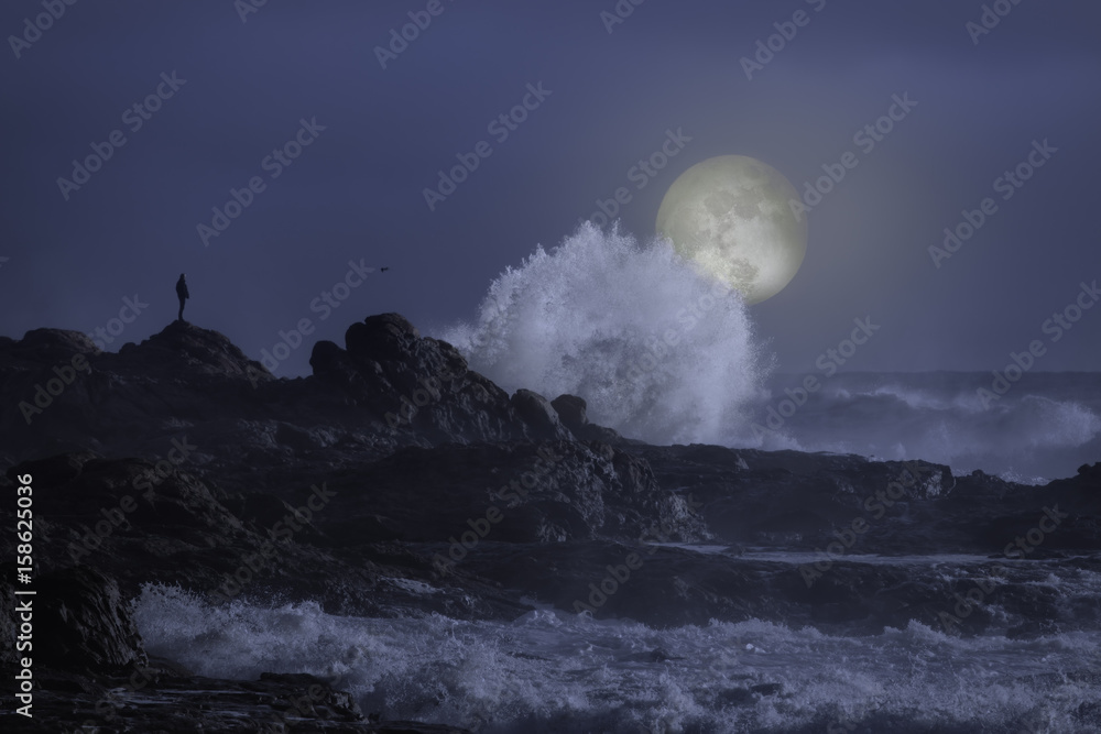 Rocky sea coast in a full moon night Stock Photo | Adobe Stock