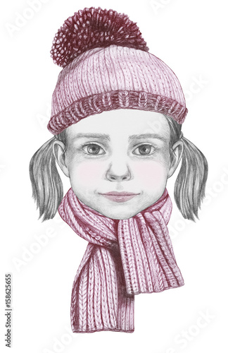 Portrait of Girl with hat and scarf, hand-drawn illustration.