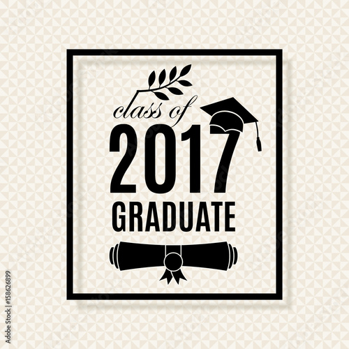 Class of 2017 graduation poster with hat, scroll and laurel on seamless triangle background for invitation, banner, greeting card, postcard. Vector graduate template