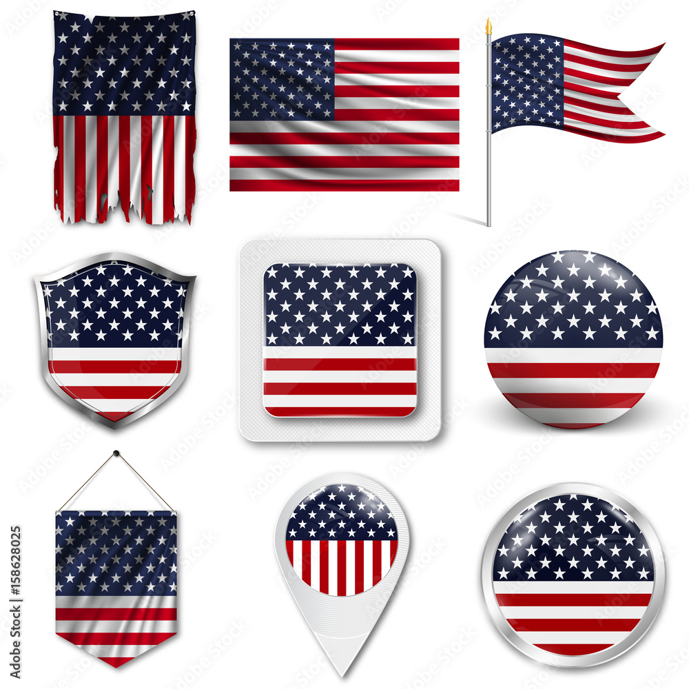 A set of the alternative national flag of the USA in different designs on a white background. Realistic vector illustration. A set of the alternative national flag of the USA in different designs on a white background. Realistic vector illustration.