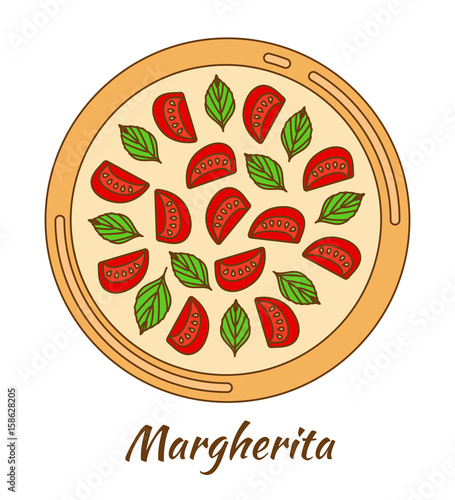 Round hot delicious tasty pizza. Vector illustration