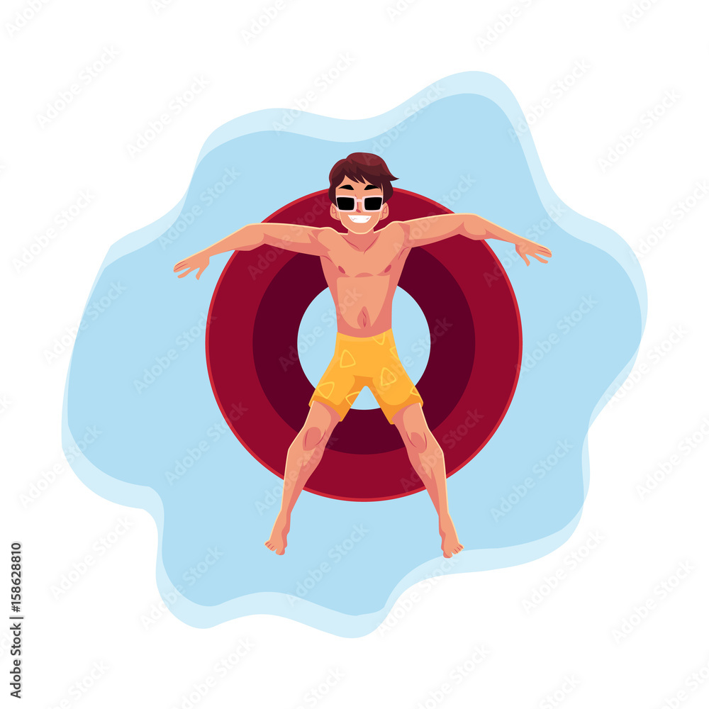 Young man in sunglasses resting on floating inflatable ring in star position on the water surface, top view cartoon vector illustration. Young man floating on inflatable ring, enjoying summer
