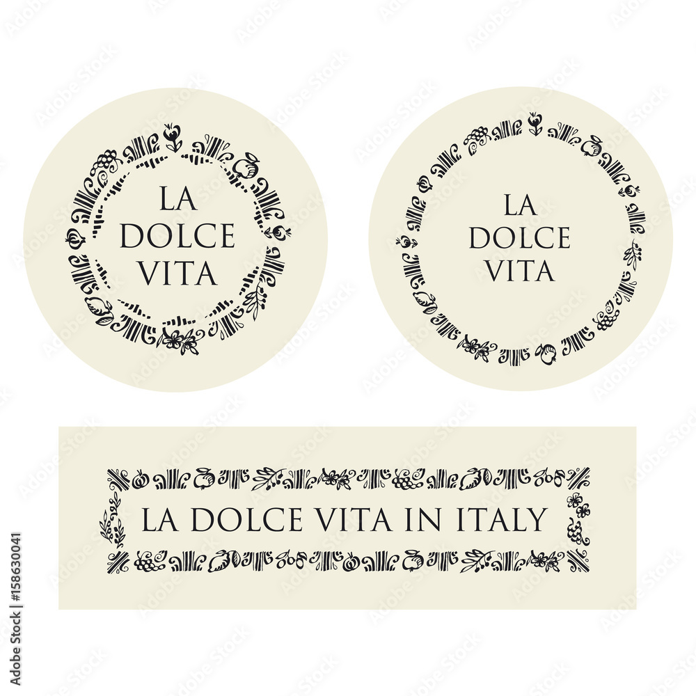 concept hand drawn italian food elements for restaurant menu, surface design, background. tomato, olive, floral, grape, lemon vector sketch in round plate frame