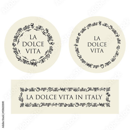 concept hand drawn italian food elements for restaurant menu, surface design, background. tomato, olive, floral, grape, lemon vector sketch in round plate frame