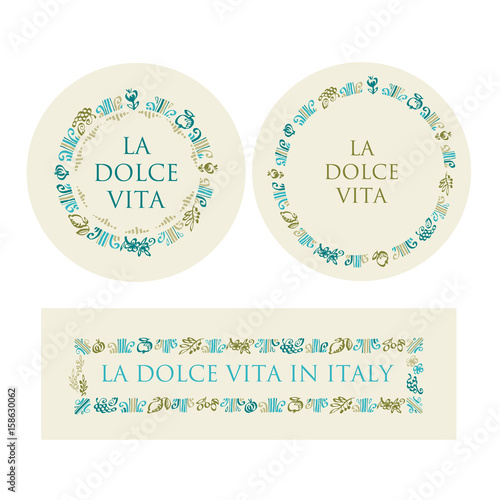 concept hand drawn italian food elements for restaurant menu, surface design, background. tomato, olive, floral, grape, lemon vector sketch in round plate frame