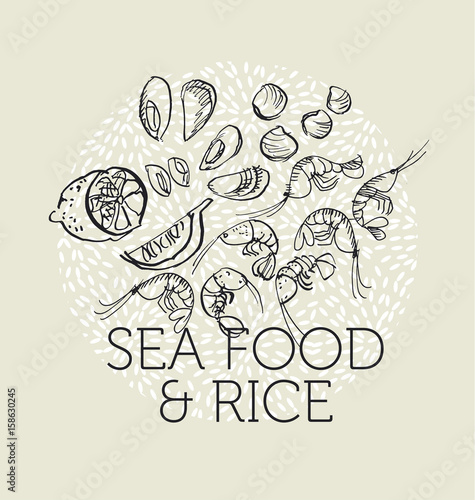 concept hand drawn sea food elements in black and white color. rice background with prawns, lemon, mussels