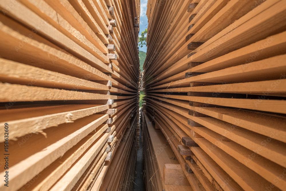 Obraz premium Wooden boards in a sawmill
