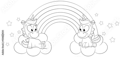 Zwei niedliche Einhörner vor Regenbogen - Vektor Illustration