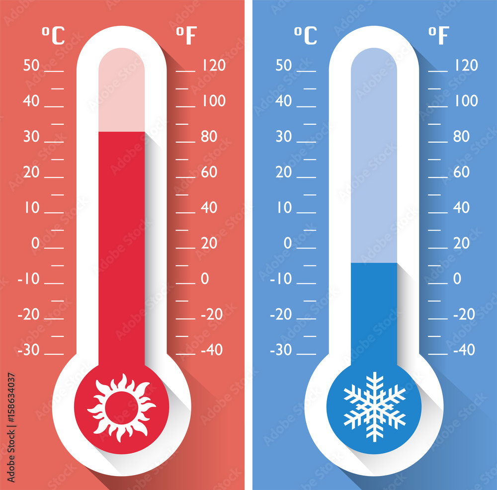Termometro, temperatura, strumento per misurare le temperature calde e  fredde, meteorologia Stock Vector