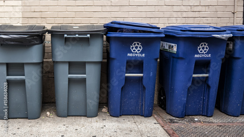 Blue and Gray garbage bins