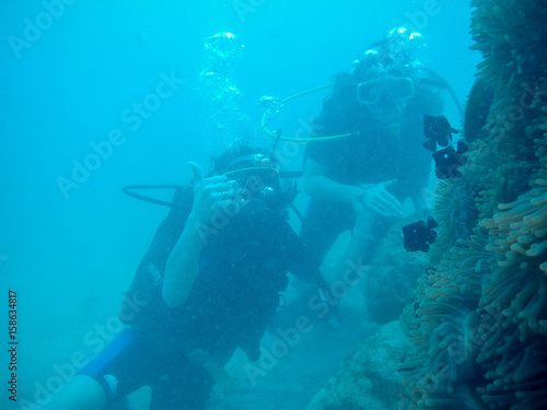 Women scuba divers exploring underwater life in the deep blue ocean © emaria