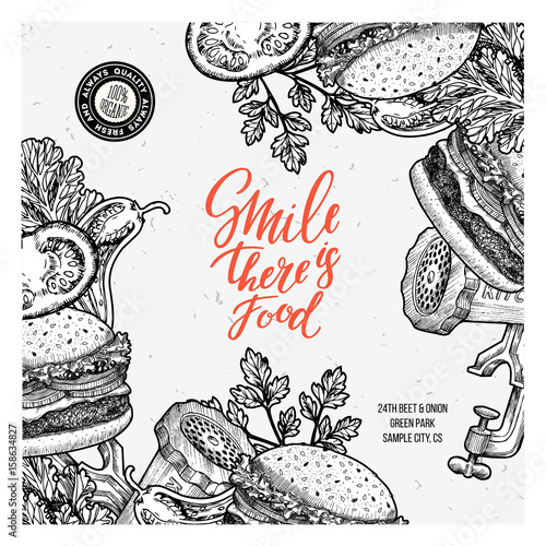 Fastfood Burger design template. Linear graphic. Snack collection. Junk food. Engraved illustration. Vector illustration