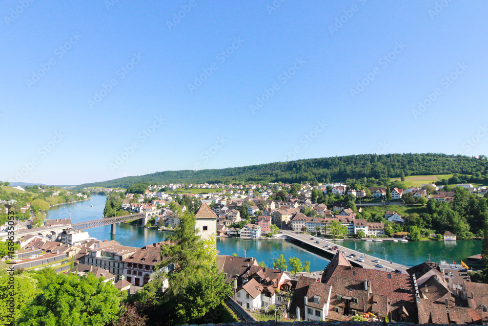 Panoramic view of Swiss town Schaffhausen. River Rhine.