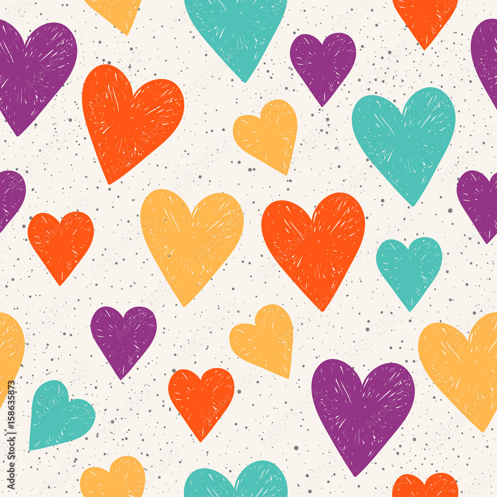 Doodle heart seamless pattern background. Abstract childish purple, green, yellow, orange heart