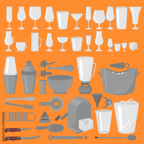 Bar Glassware Cocktails, Beer and Wine Glasses. Flat Barman Tools. Bartender equipment. Isolated instrument icon