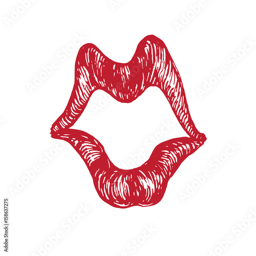 Funny caricature lips shape shouting (emotional fright, astonishment, shock, ecstasy), woodcut style design, hand drawn doodle, sketch in pop art style, isolated vector illustration