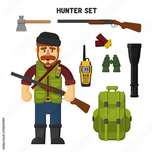 Hunting. A set of hunter items. Vector illustration, flat, cartoon style