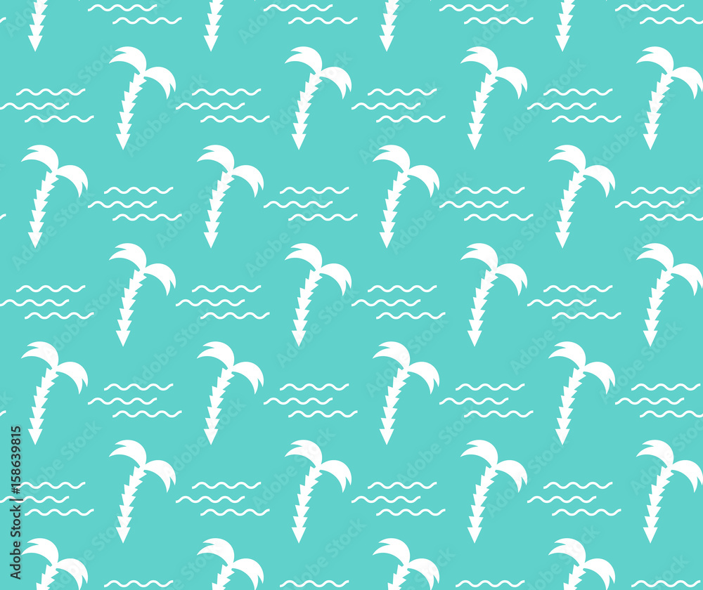 Seamless tiling vector summer pattern background with silhouette palm trees and water waves zigzag. Seamless tiling vector summer pattern background with silhouette palm trees and water waves zigzag