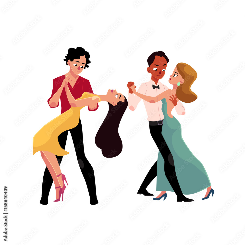 Two couples of professional ballroom dancers dancing, looking at each  other, cartoon vector illustration isolated on white background. Two  ballroom dance couples dancing tango, waltz, rumba Stock Vector | Adobe  Stock