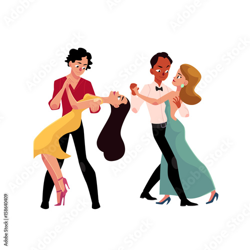 Two couples of professional ballroom dancers dancing, looking at each other, cartoon vector illustration isolated on white background. Two ballroom dance couples dancing tango, waltz, rumba